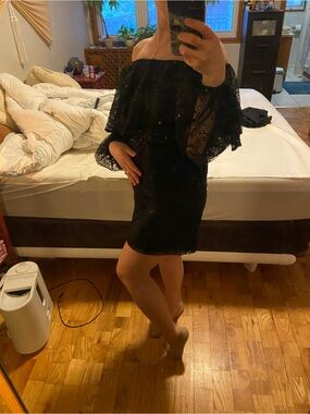 Black Off-Shoulder Lace Mini Dress